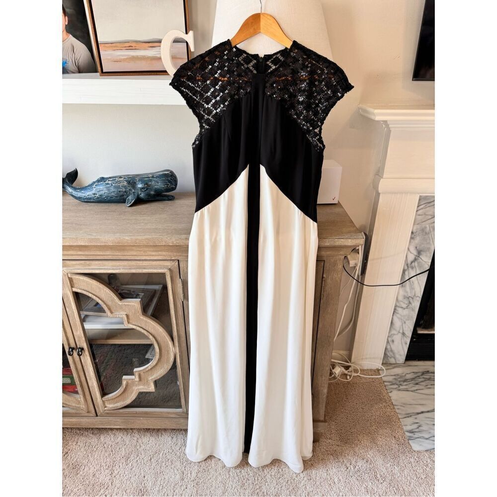 Mikael Aghal Elegant Black & White Satin Dress Crochet Embellished Top Size 8